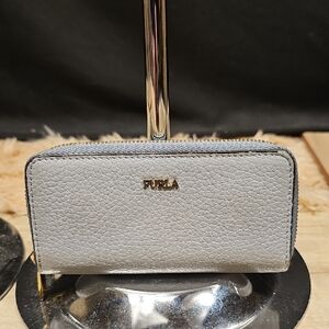 Furla Pebbled Light Gray Zip Wallet with Gold Logo